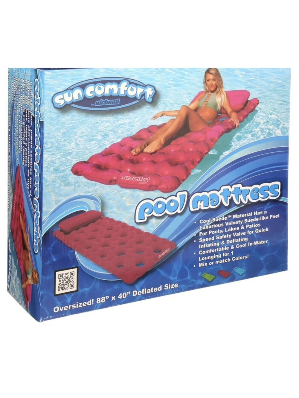 Airhead Sun Comfort Cool Suede Pool Mattress Raspberry 88” x 40” Inflatable